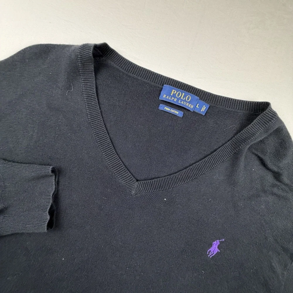Polo Ralph Lauren Sweater Mens Large V‎ Neck Pullover Purple Pony Pima Cotton